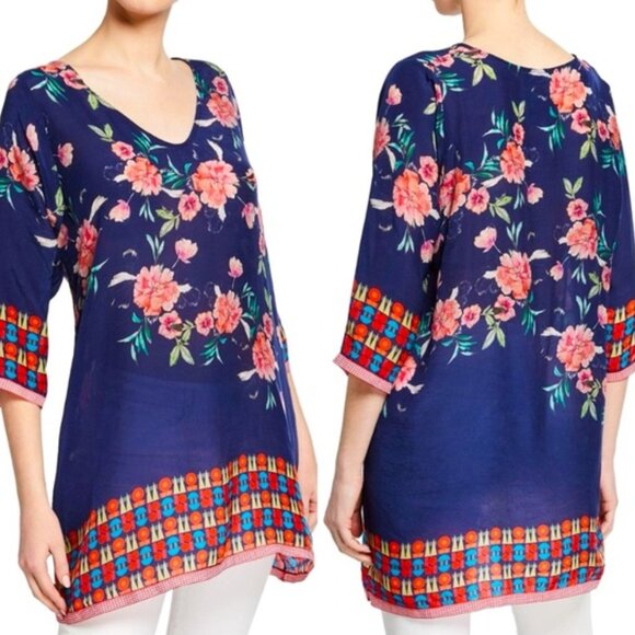 Johnny Was Zado Floral Print Women's V-Neck Georgette Tunic Top - Picture 1 of 10